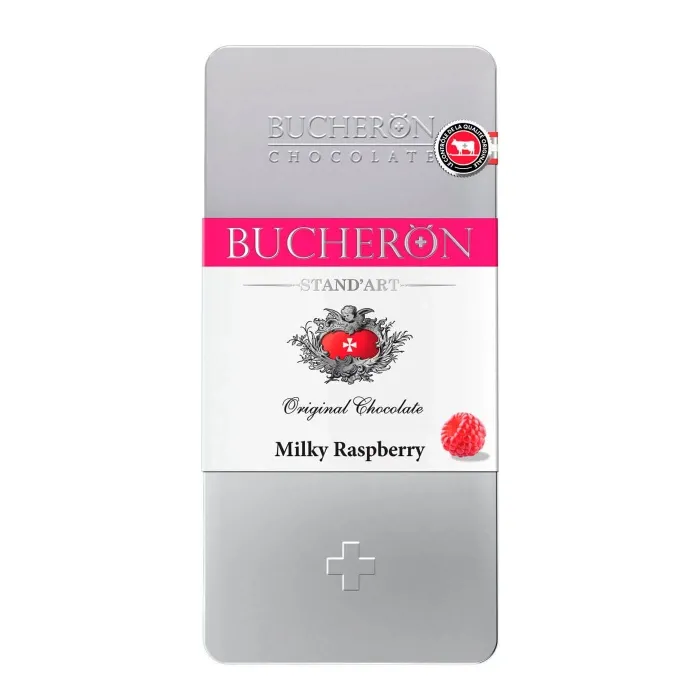 Шоколад молочный с кусочками малины BUCHERON 72% 100 гр в железной банке